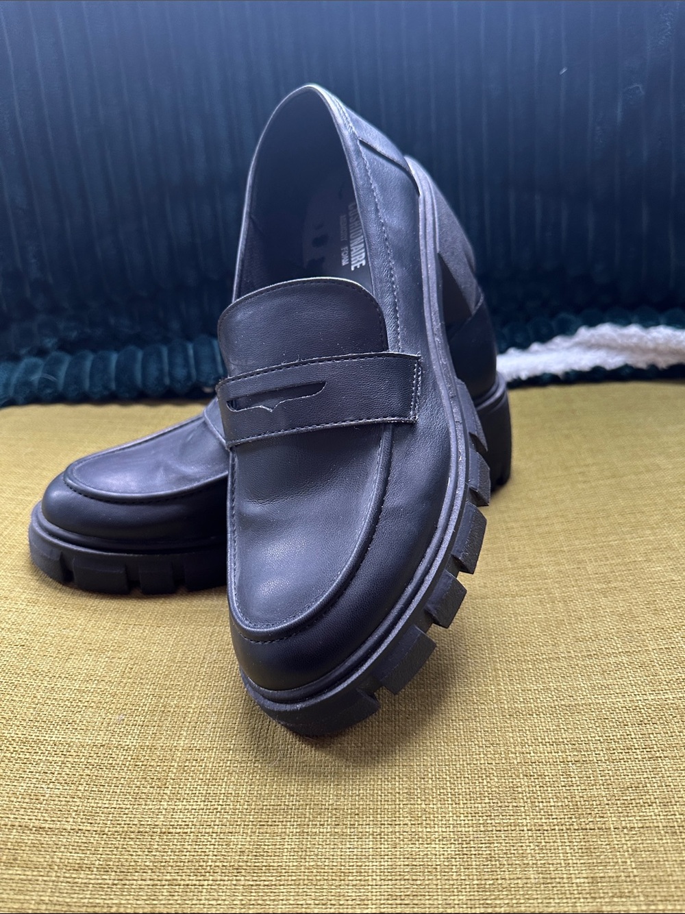 Women's Black Leather Lug-Sole Penny Loafers